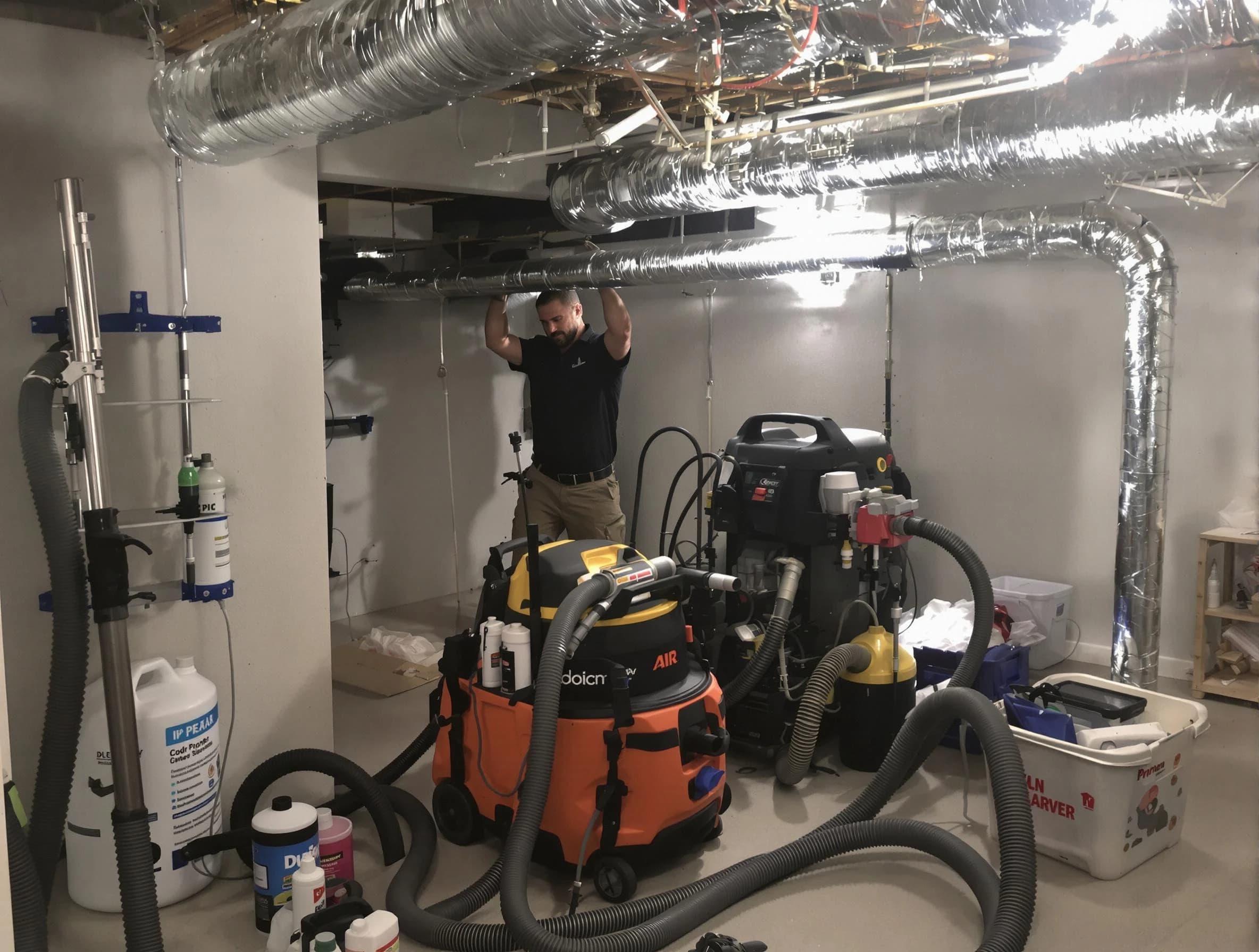 Thornton Air Duct Cleaning specialist performing professional mold removal from air ducts using safety equipment in Thornton